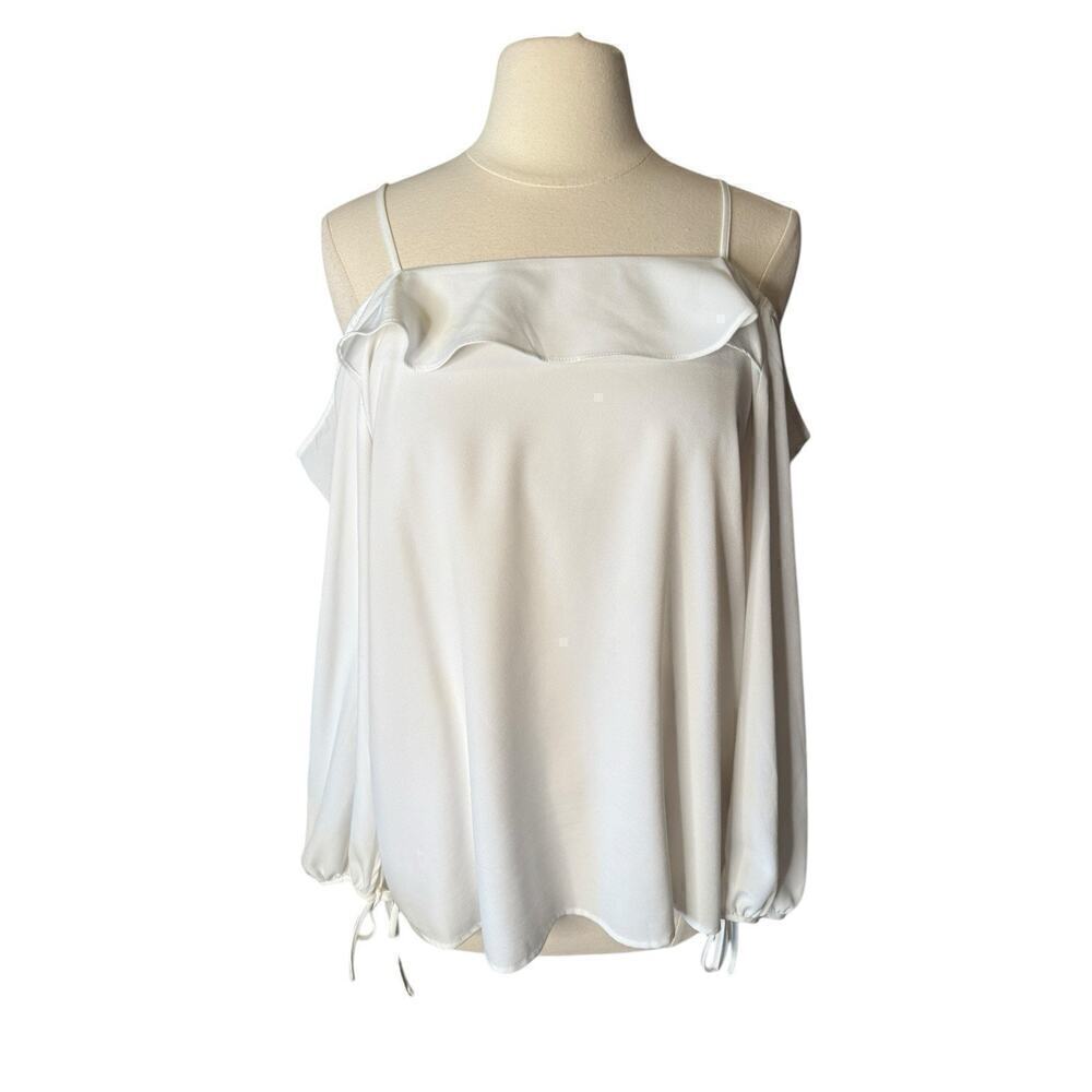 Collective Concepts Cold Shoulder Flutter Blouse White XL Tie Wrist Puff Sleeve
